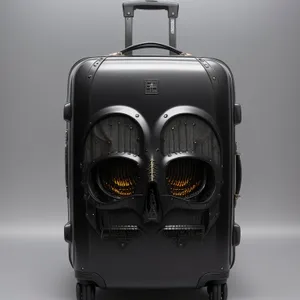 Black backpack with stroboscope in spotlight.