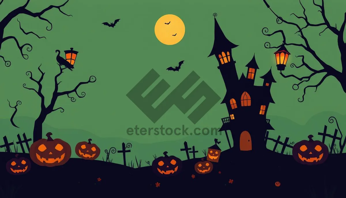 Picture of Spooky Halloween Night Cemetery Silhouette Moon Cartoon Illustration