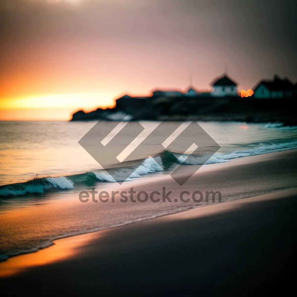 Picture of Golden Sunset Reflection on Tranquil Ocean Shore