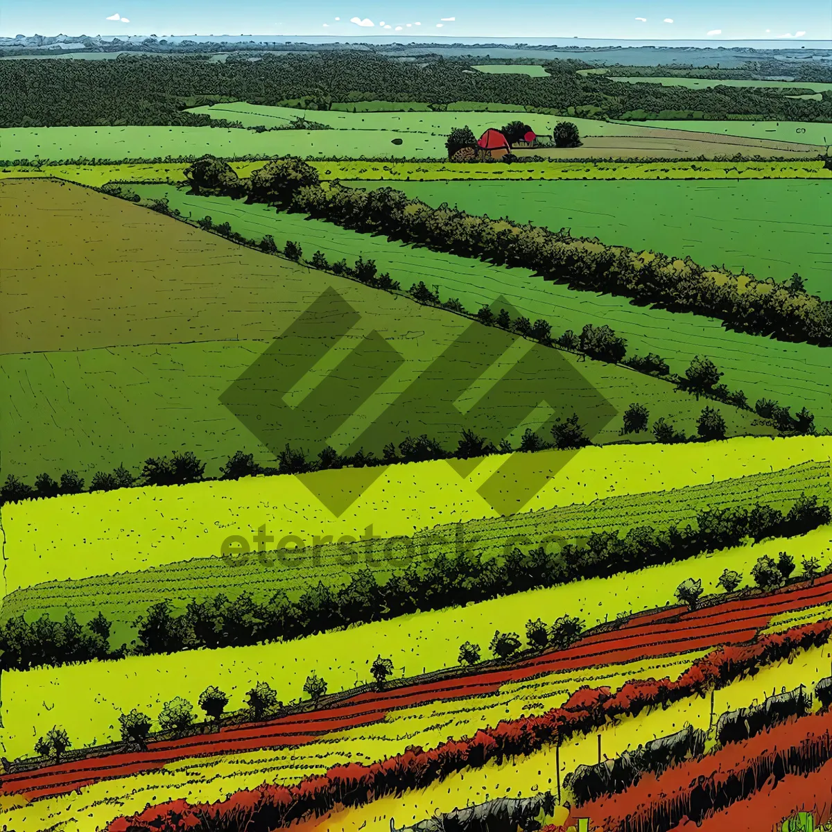 Picture of Serene Rural Landscape with Blossoming Rapeseed Field under Clear Blue Sky