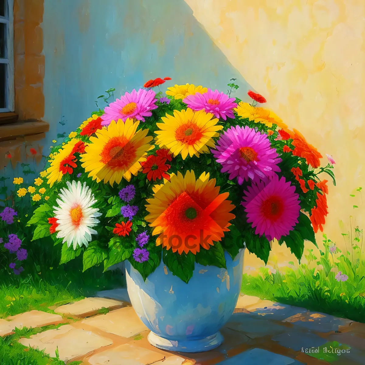 Picture of Bright Sunflower Bouquet in Colorful Vase