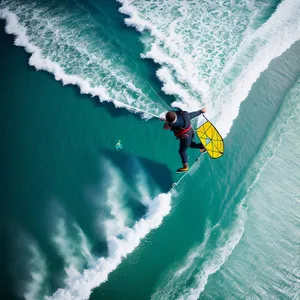 Surfer riding epic wave under clear blue sky