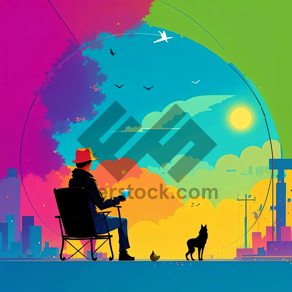 Picture of Silhouette Fisherman with Planet Design.