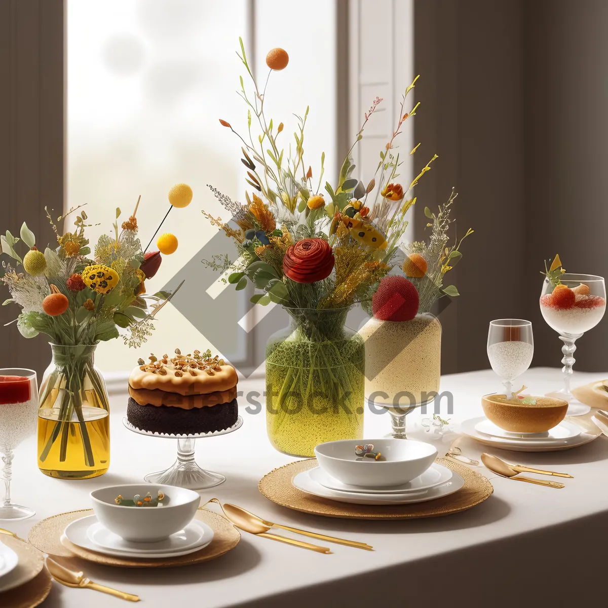 Picture of Luxury dining table setting with floral bouquet and glassware.