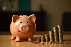 Rich pink piggy bank filled with coins