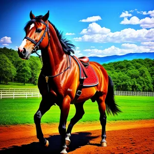 Majestic Thoroughbred Stallion Galloping through a Verdant Meadow