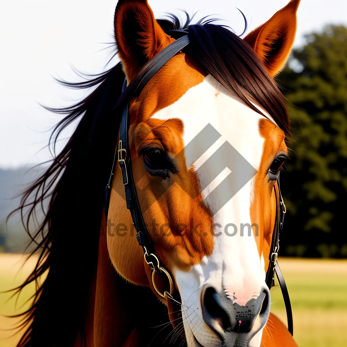 Picture of Thoroughbred Brown Stallion in a Meadow.