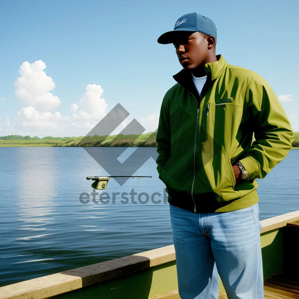 Picture of Fisherman Reeling in Catch by the Sea