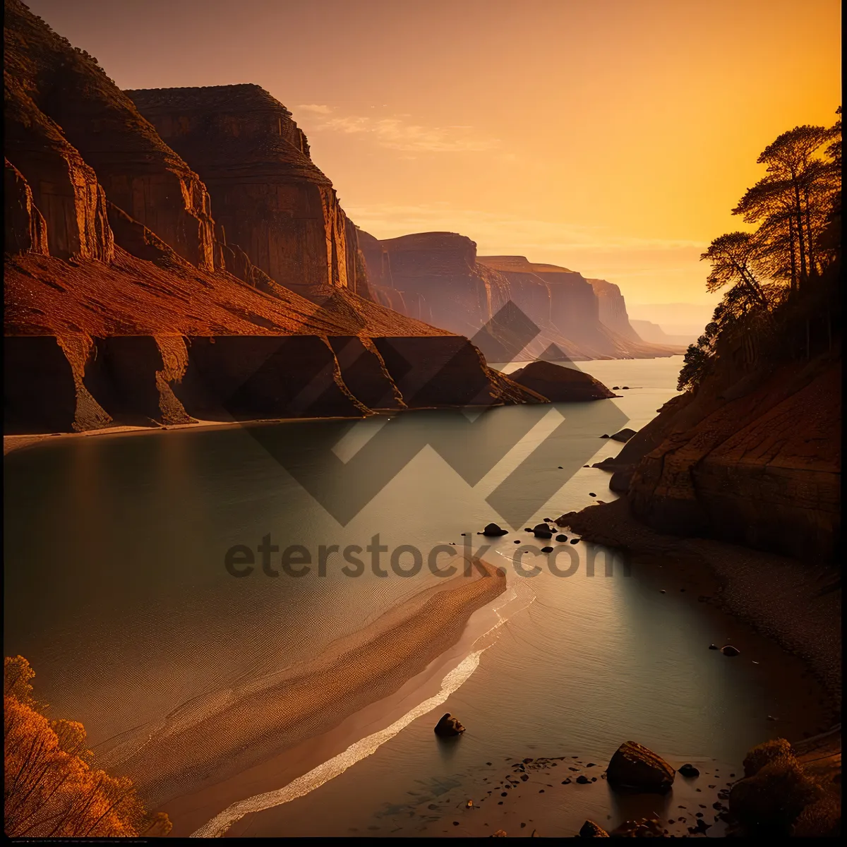 Picture of Majestic Mountain River Under a Setting Sun