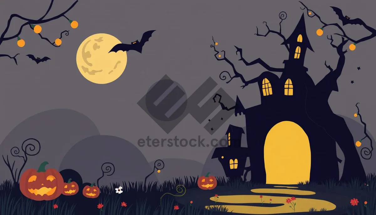 Picture of Halloween Night Silhouette in Graveyard Under Moon