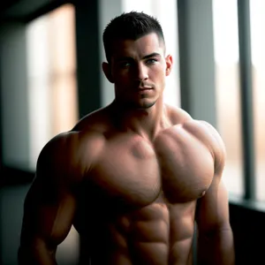 Muscular Male Model Flexing Abs in Dark Gym