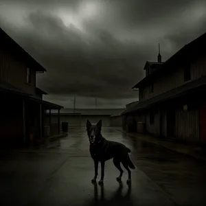 Brown Shepherd Dog Guarding Farm with Black Stallion.