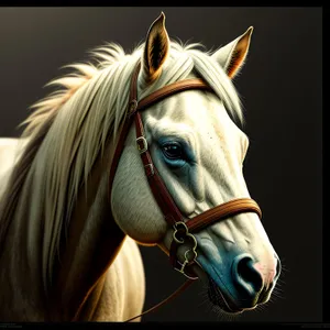 Thoroughbred stallion with bridle and mane.