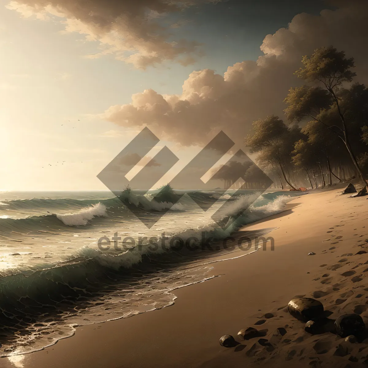 Picture of Golden Horizon: Serene Beach Sunset with Ocean Waves