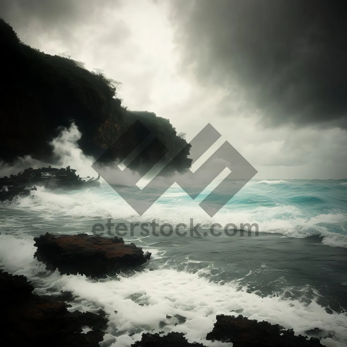 Picture of Tropical coastline with crashing waves and rocky cliffs