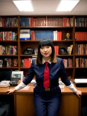 Smiling student studying in university library surrounded by books