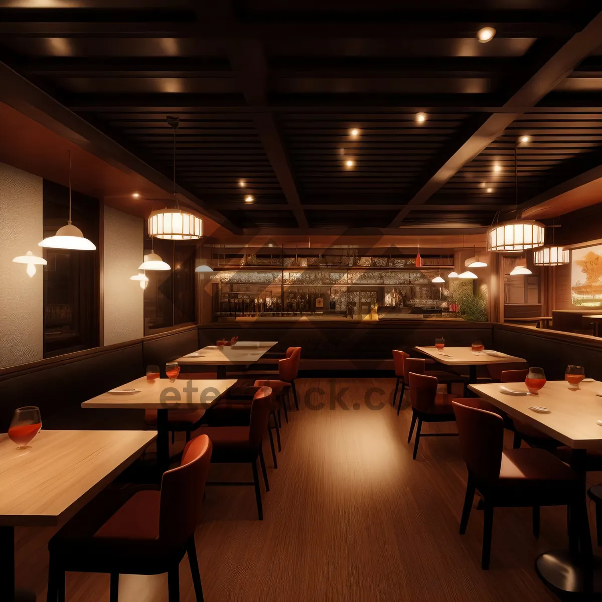 Picture of Modern interior design of luxury restaurant with wooden furniture