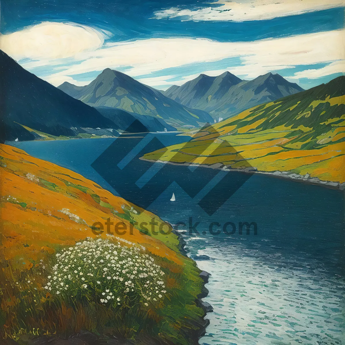 Picture of Serene Seaside Horizon: Coastal Landscape with Mountains, Lake, and Beach