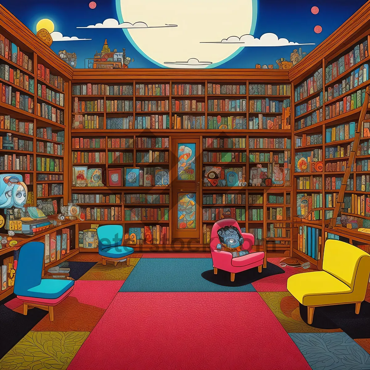 Picture of Modern library interior with bookshelves and tables.