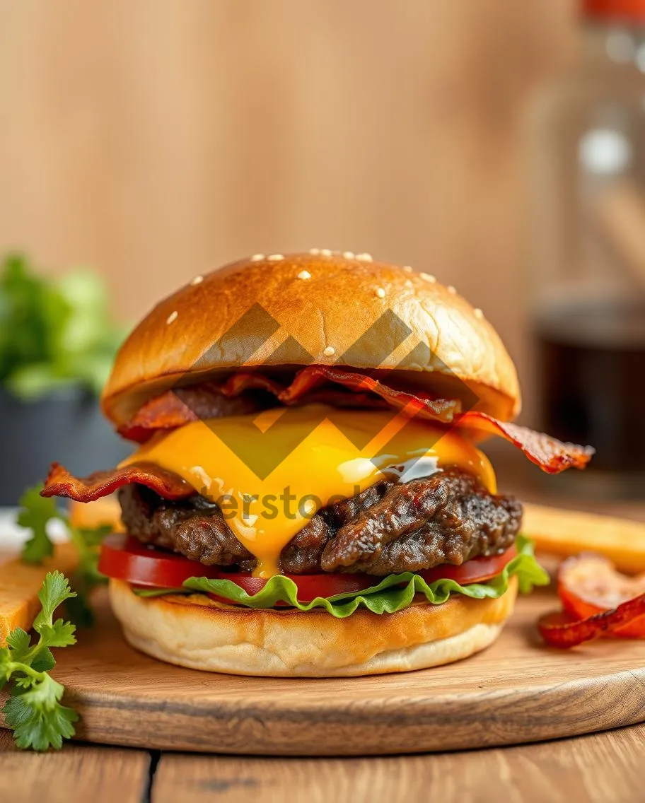 Picture of Gourmet cheeseburger with fresh vegetable salad and fries