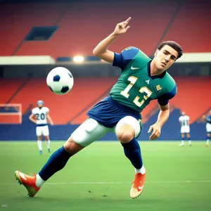 Muscular football player kicking a goal in stadium