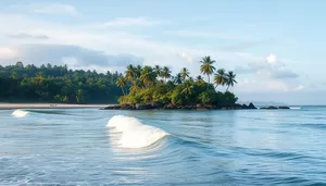 Tropical beach paradise under a cloudless sky.