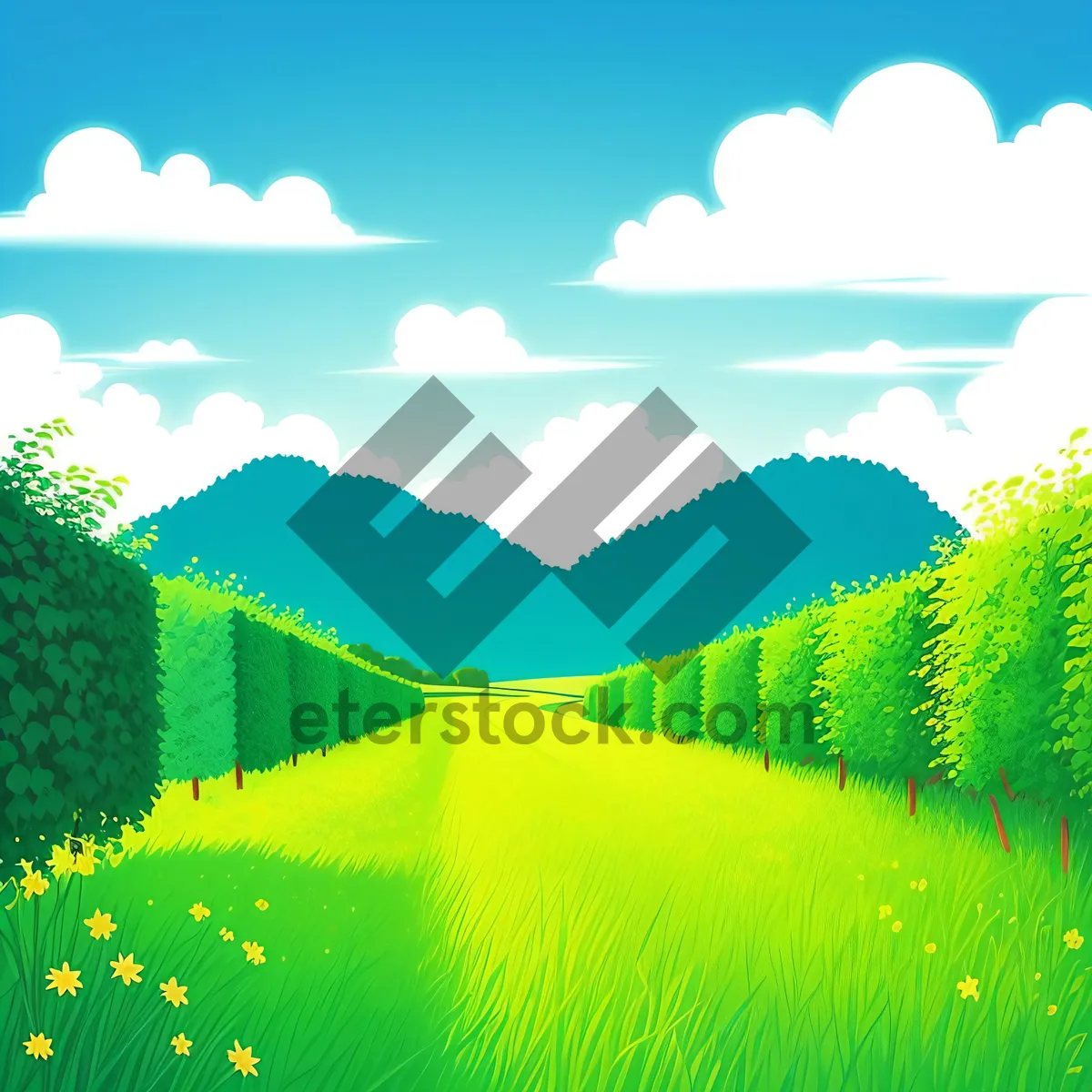 Picture of Serene countryside meadow under clear blue sky