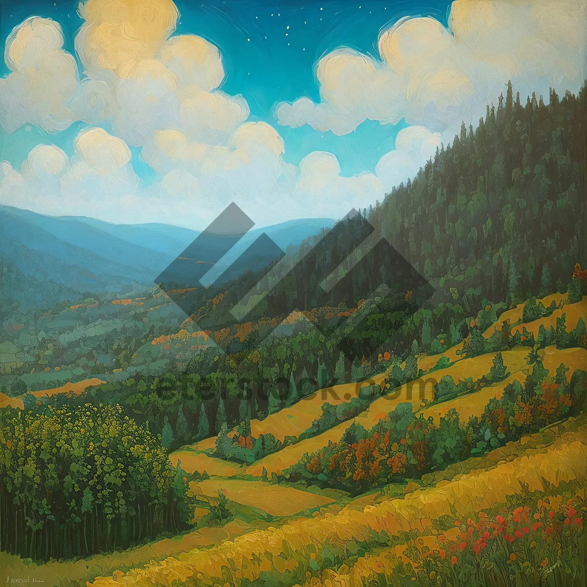 Picture of Golden Fields against Mountain Backdrop