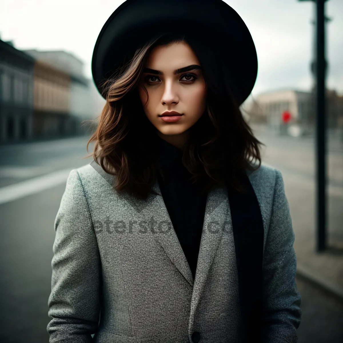 Picture of Smiling brunette businesswoman in leather jacket