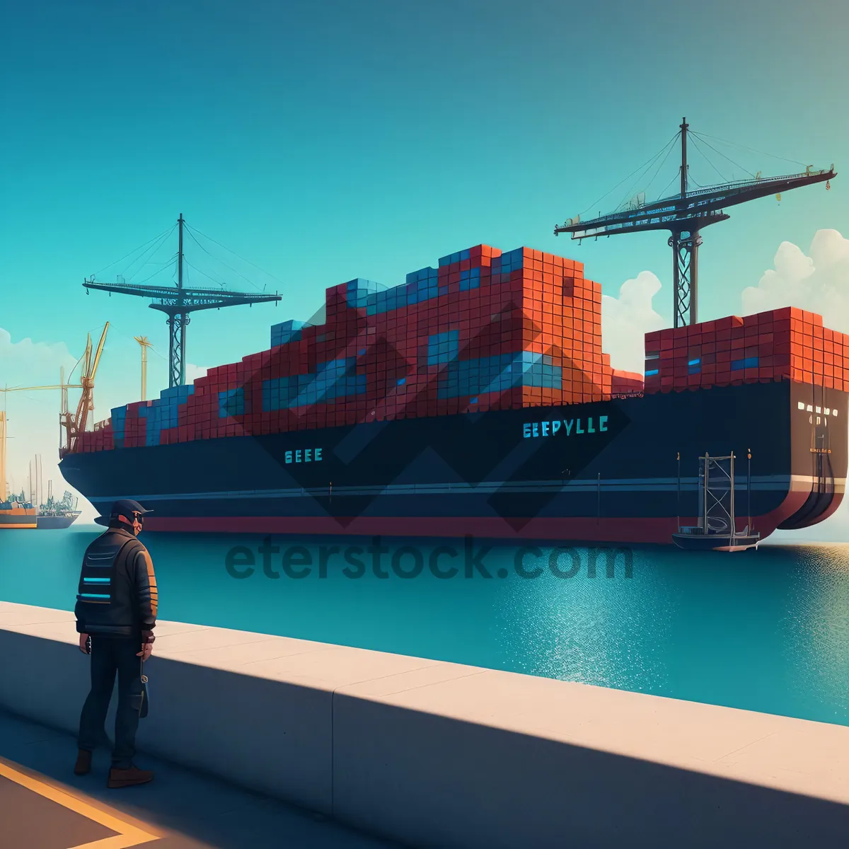 Picture of Busy Port: Container Ship Transporting Cargo at Sea