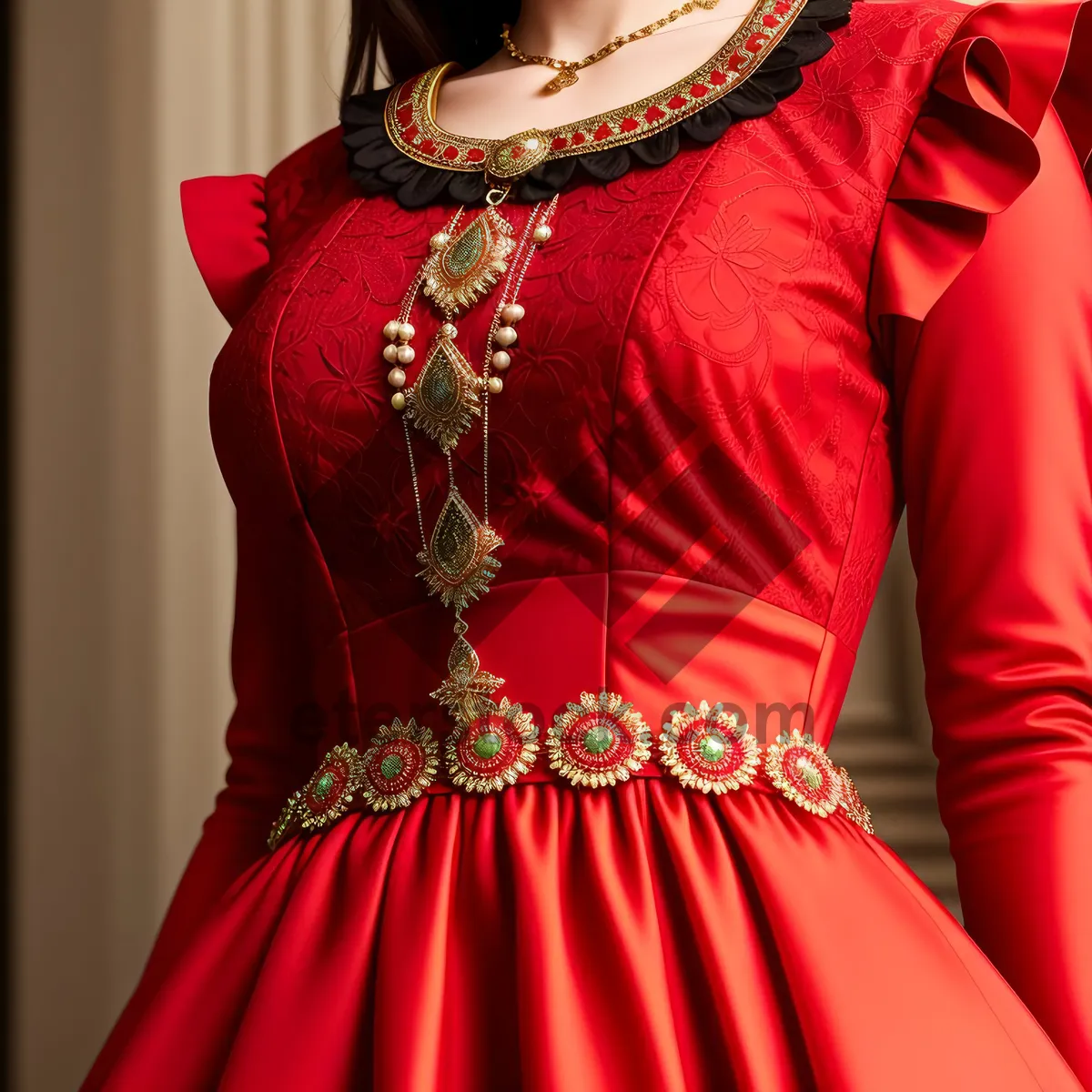 Picture of Stunning brunette lady in attractive embroidered velvet dress