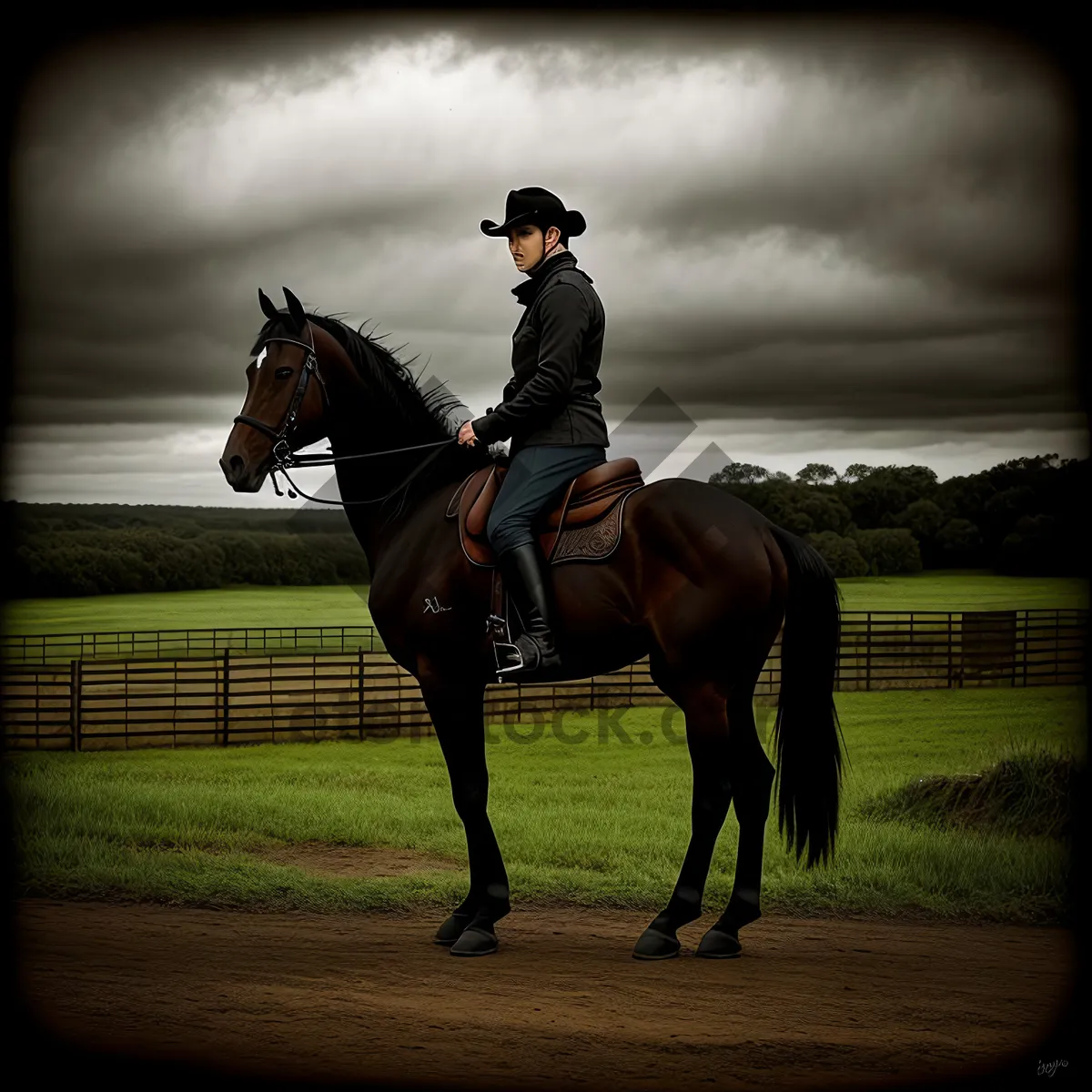 Picture of Graceful Stallion Galloping with Sidesaddle Rider