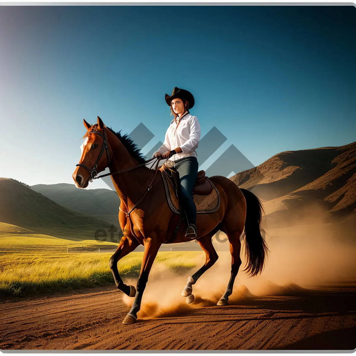 Picture of Silhouette of Cowboy Riding Horse at Sunset