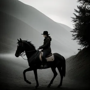 Equestrian Cowboy on Saddle Riding Stallion