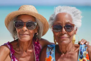 Happy couple wearing sunglasses at the beach vacation.