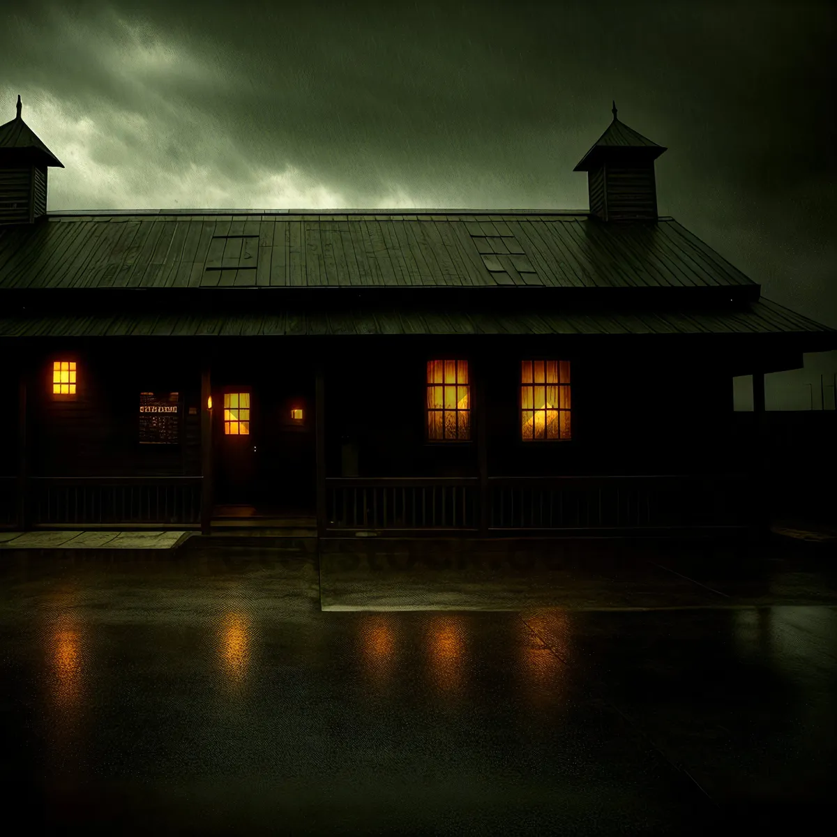 Picture of Nighttime cityscape with a riverside boathouse.