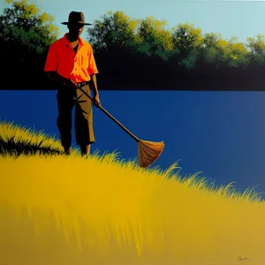 Silhouetted Man Paddling with Rake-Like Oar