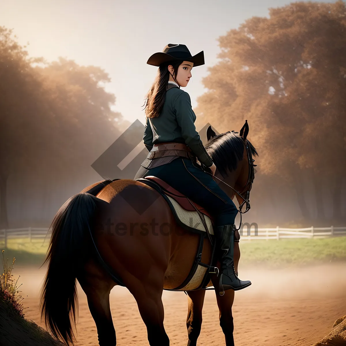 Picture of Equestrian Cowboy Riding Horse with Sidesaddle