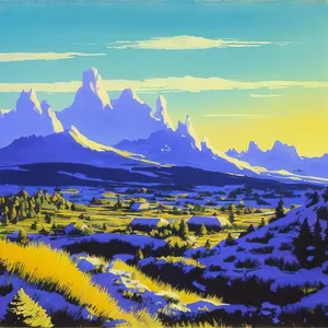 Rural Sunset Over Meadow and Mountains