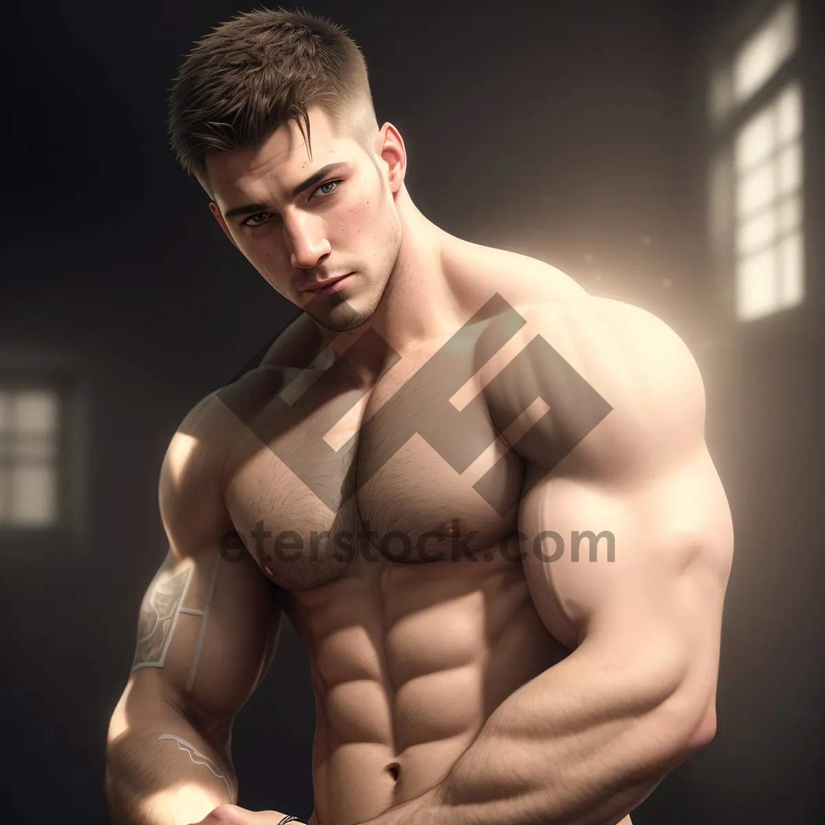 Picture of Dark & Handsome: Muscular Nude Male Model's Sensual Abdominal Display