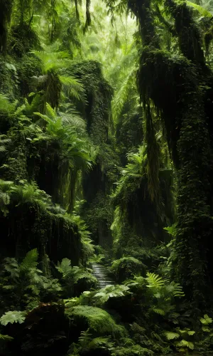 Tropical forest foliage in lush woodsy landscape.