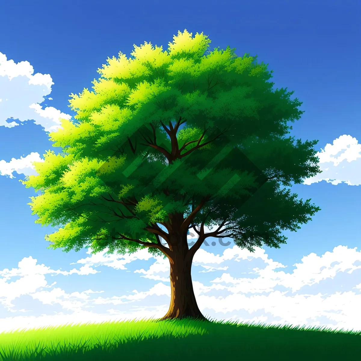 Picture of Serene Oak Tree Landscape under Clear Blue Sky