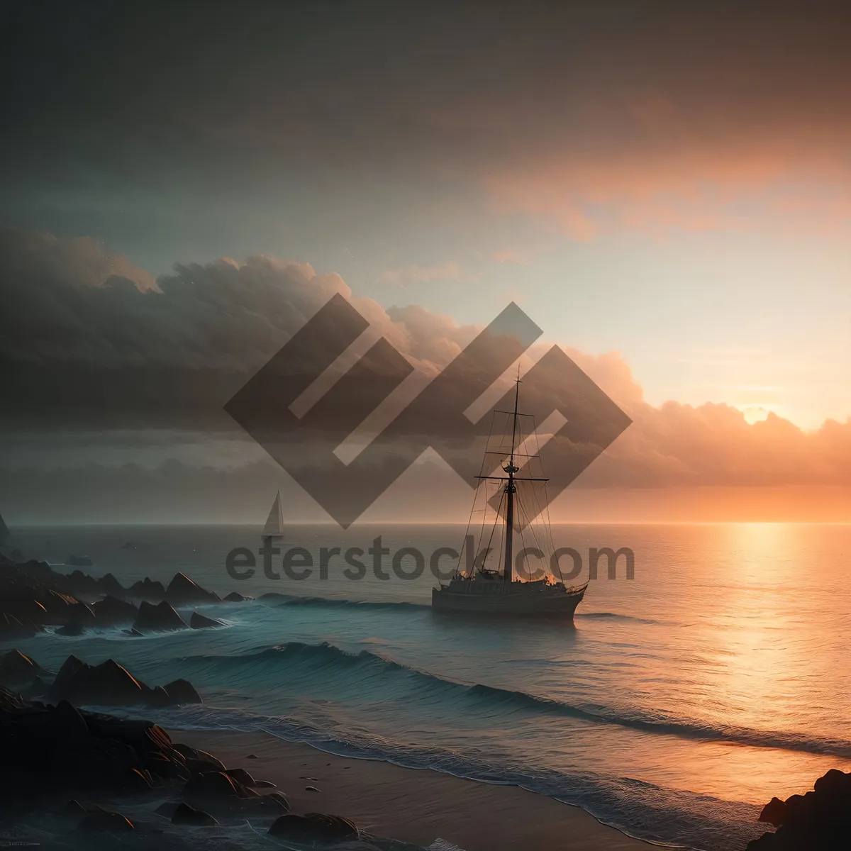 Picture of Serene Sunset View of Coastal Breakwater