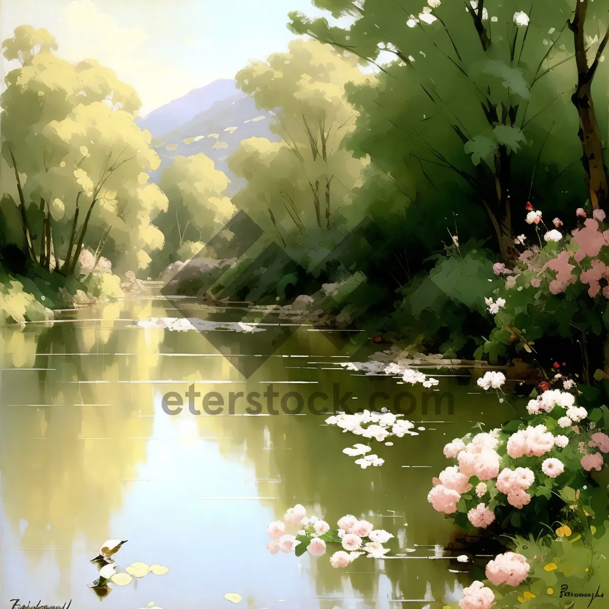 Picture of Tranquil Summer Scene: Reflections of Trees and Cow Parsley in the River