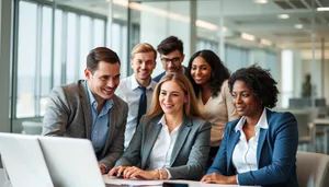 Professional business team smiling in office meeting.