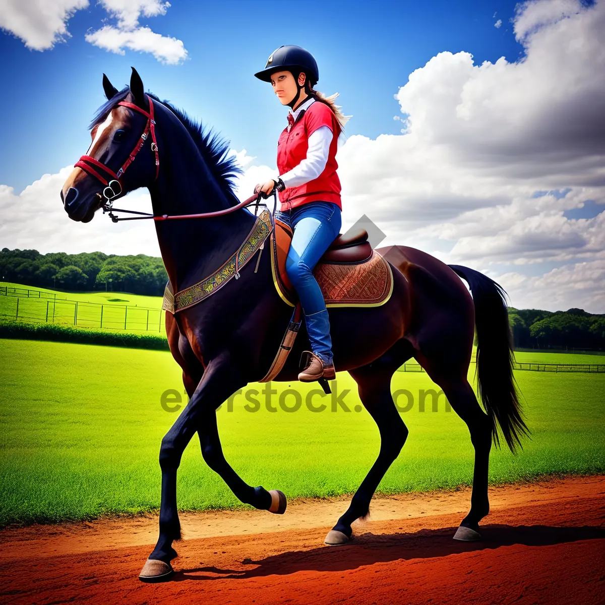 Picture of Thoroughbred horse with trainer riding saddle