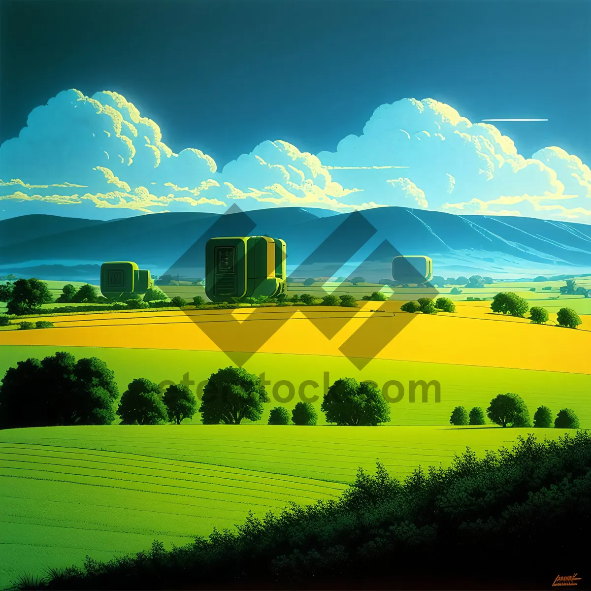 Picture of Serene Countryside Horizon with Lush Meadow and Cloud-dotted Sky