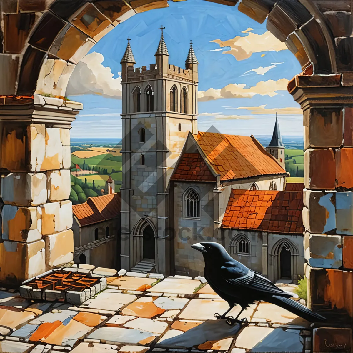 Picture of Historic church with tiled roof and tower landmark.