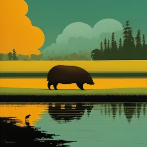 Serene Sunset Reflection on Lake with Hippopotamus