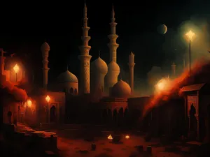 Historic Turkish Mosque at Night with Minarets and Dome